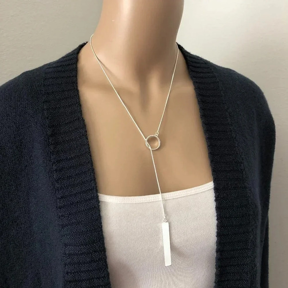 Silver Bar & Circle Snakechain Lariat Necklace - Picture 4 of 6